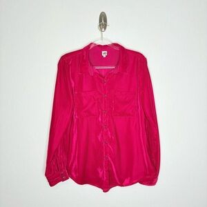 Ivy Jane Crushed Velvet Button Up Blouse Red Pink Long Sleeve Boho Shirt Medium